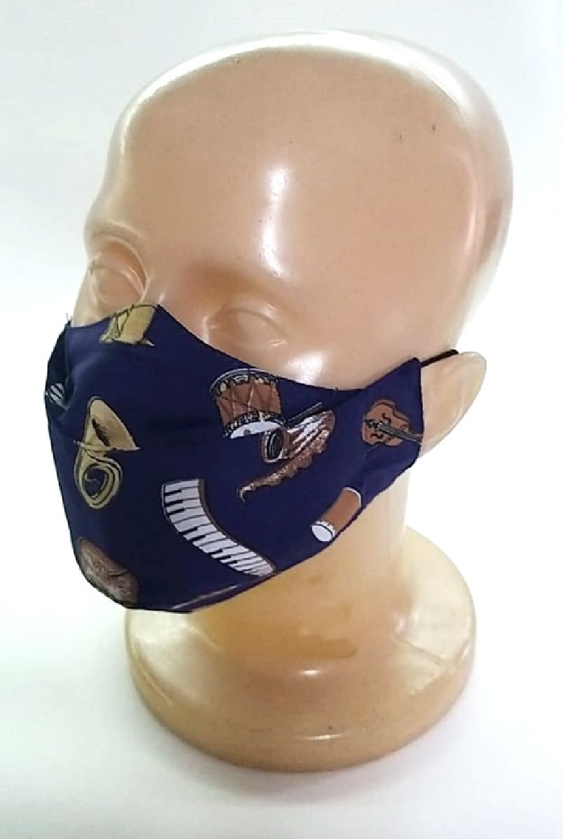 Mascara musical 3 D azul estampa instrumentos musicais 