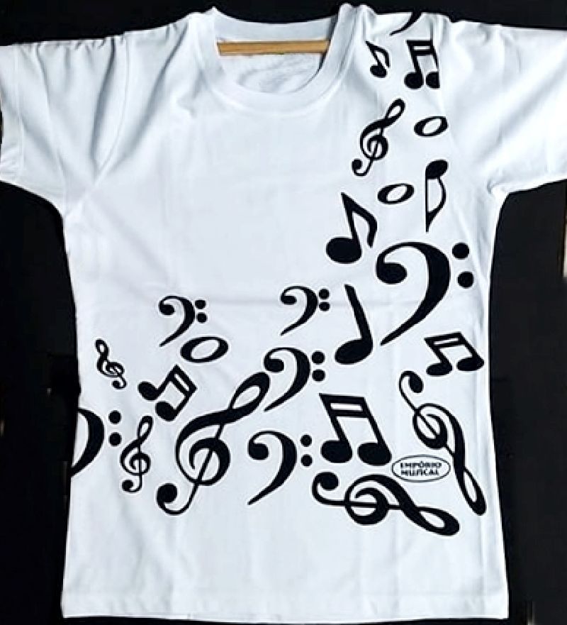Camiseta Musical branca silk simbolos musicais preto
