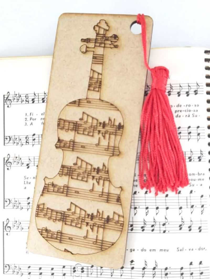 Marca Pagina Musical Violino MDF com pingente de cetim