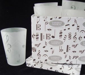 Copo Musical p/ Agua Vidro jateado c/símbolos Musicais c/ Embalagem decorada c/ 4 